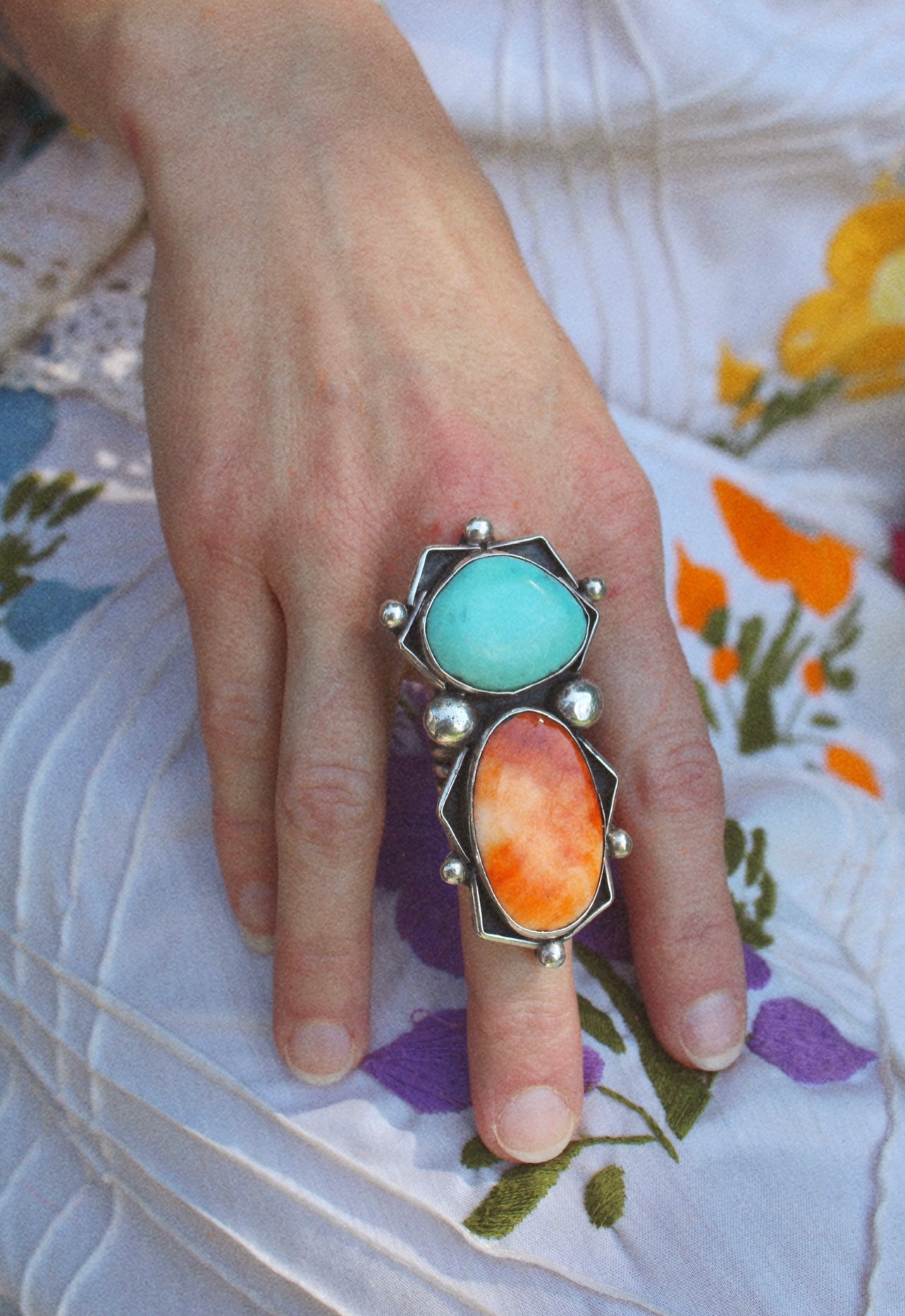 Vintage Turquoise & Orange Spiny Oyster Sterling Ring