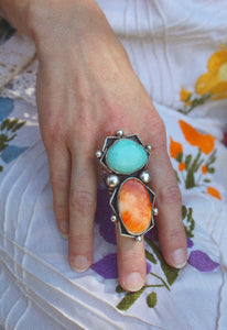 Vintage Turquoise & Orange Spiny Oyster Sterling Ring
