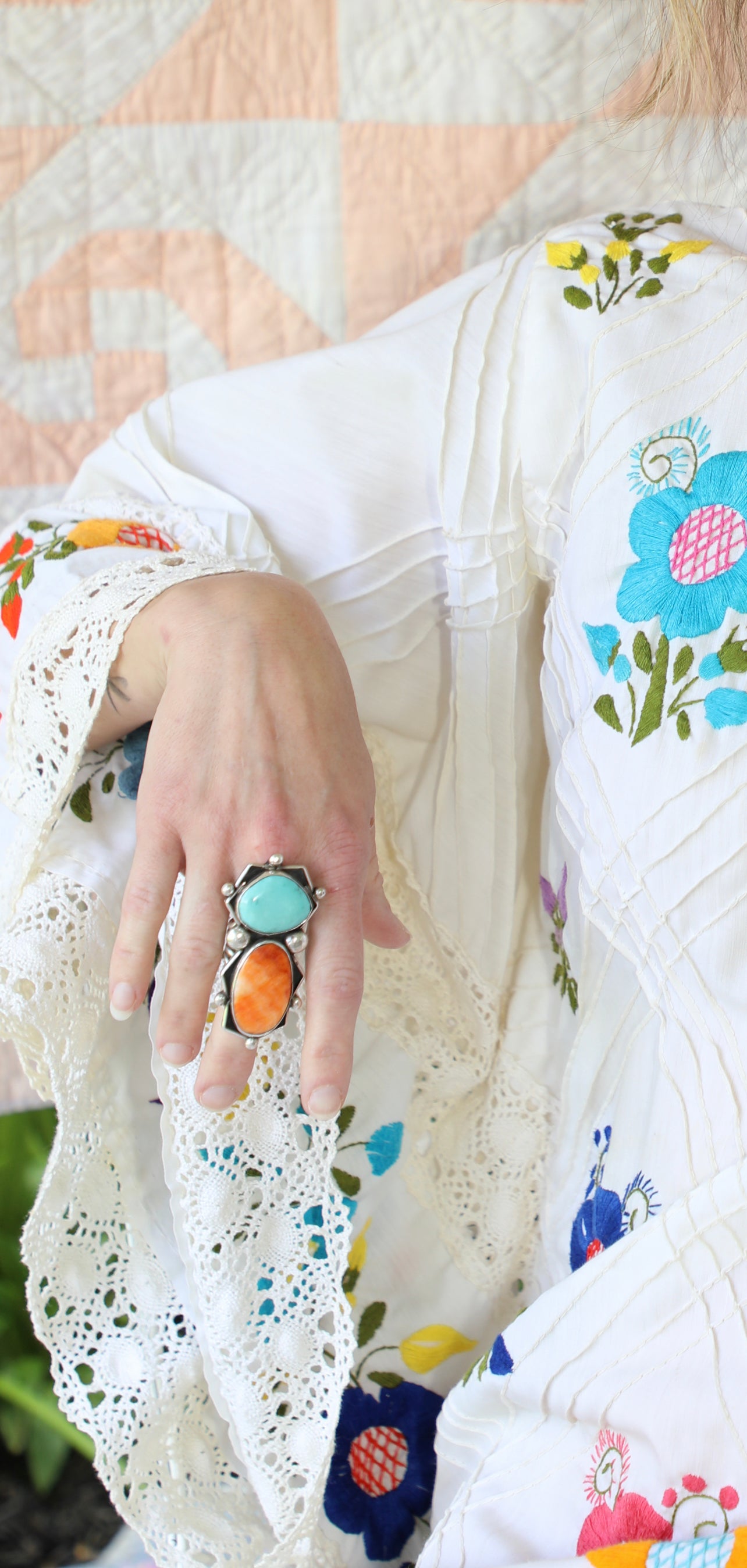 Vintage Turquoise & Orange Spiny Oyster Sterling Ring