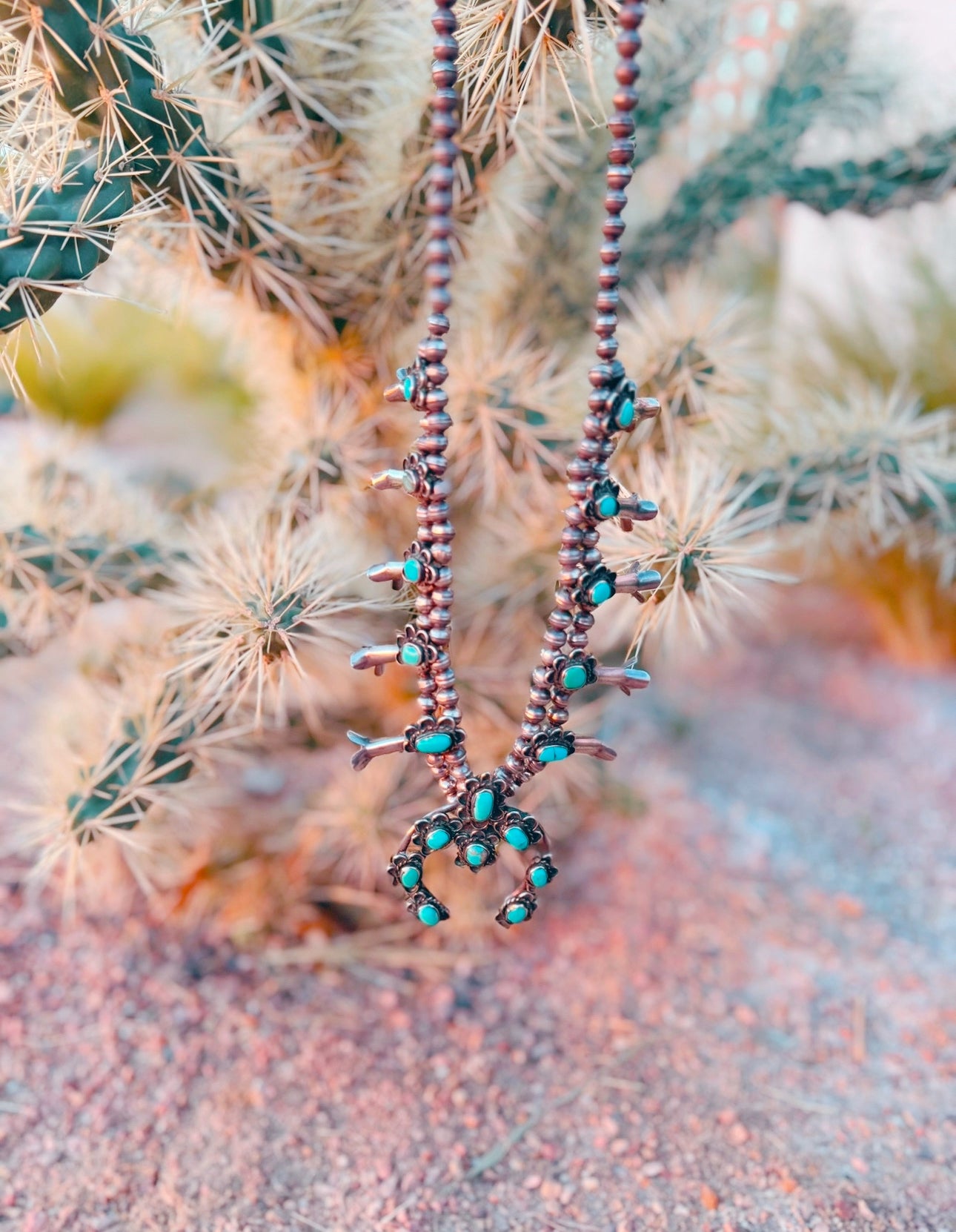 1960’s Antique Sterling Silver Turquoise Squash Blossom Necklace