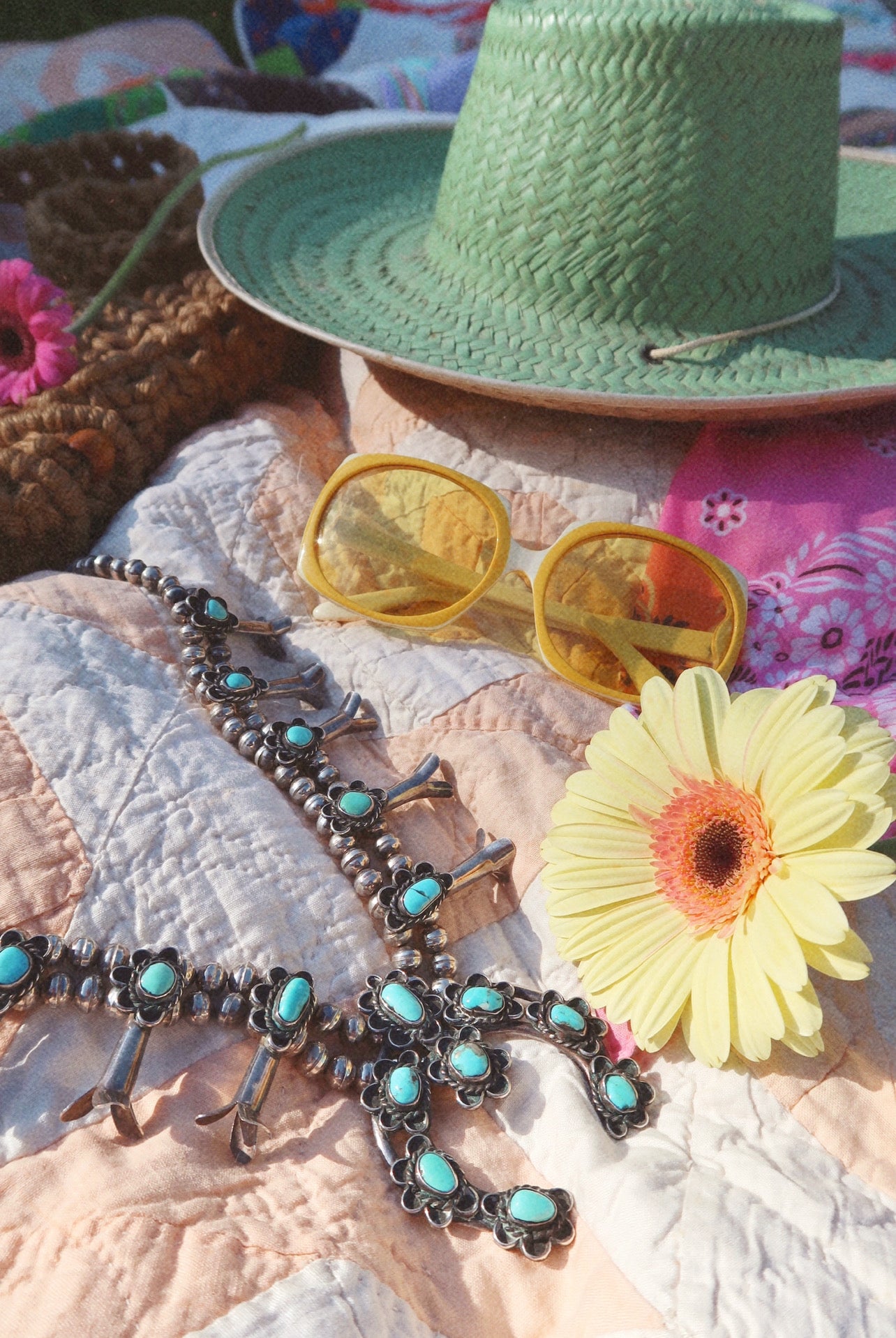 1960’s Antique Sterling Silver Turquoise Squash Blossom Necklace