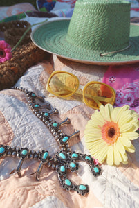 1960’s Antique Sterling Silver Turquoise Squash Blossom Necklace