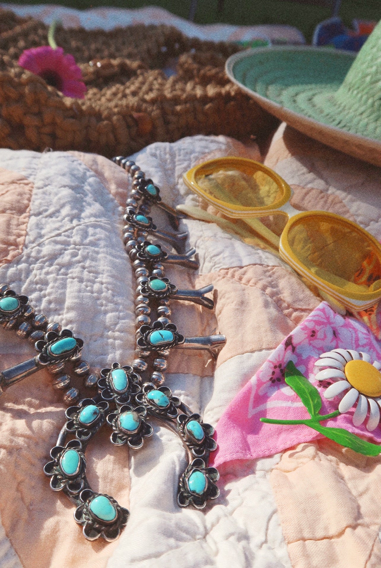 1960’s Antique Sterling Silver Turquoise Squash Blossom Necklace