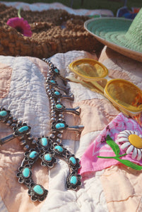 1960’s Antique Sterling Silver Turquoise Squash Blossom Necklace