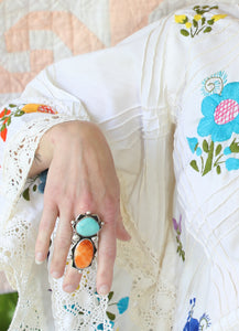 Vintage Turquoise & Orange Spiny Oyster Sterling Ring